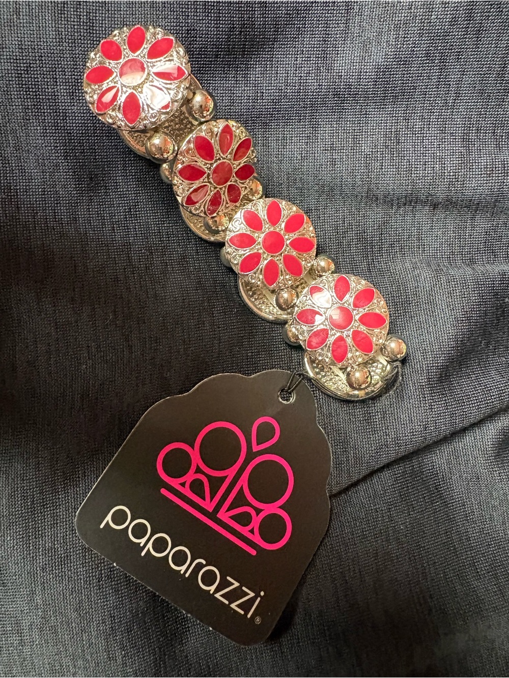 paparazzi Red Floral Link Bracelet with Silver Accents